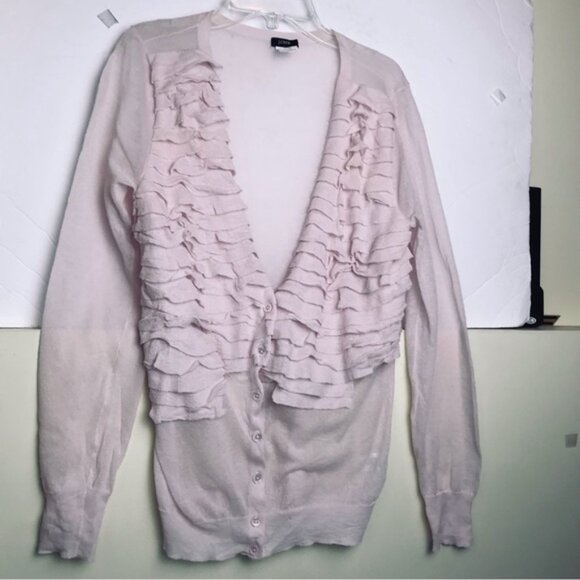J.Crew Ruffle Cotton Cardigan Sweater Top Lightweight Knit Preppy V Semi Sheer M - Picture 4 of 16